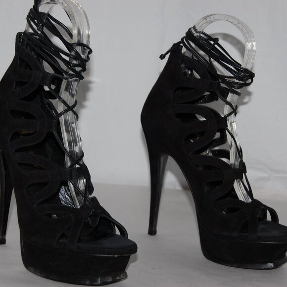 36/US6❤️ SAINT LAURENT BLACK SUEDE LEATHER High Heels Platform Gladiator Sandals - Picture 8 of 11